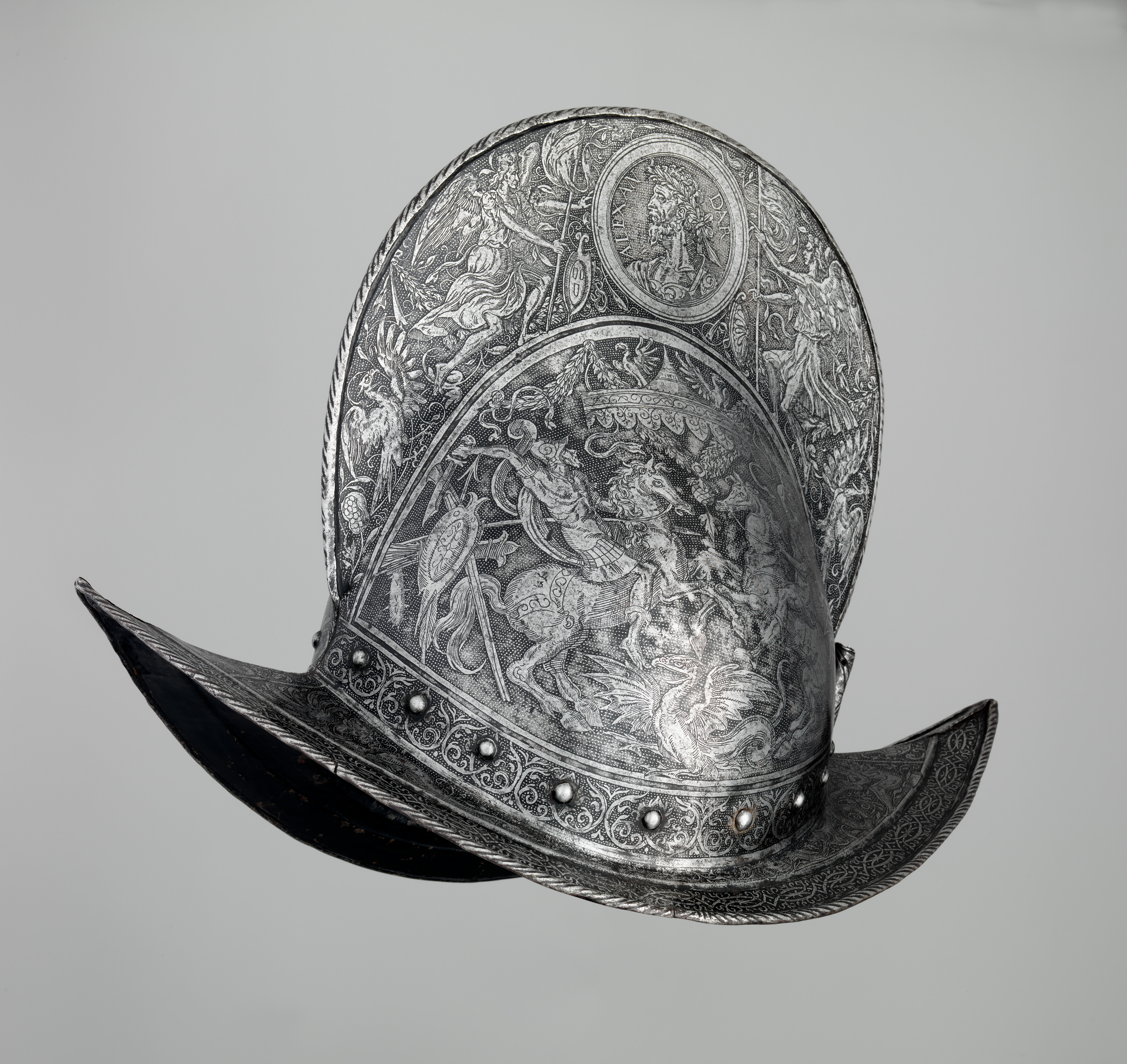 Comb Morion with etched figural decoration, German, Brunswick, ca. 1560–65; The Metropolitan Museum of Art, accession 1999.62.