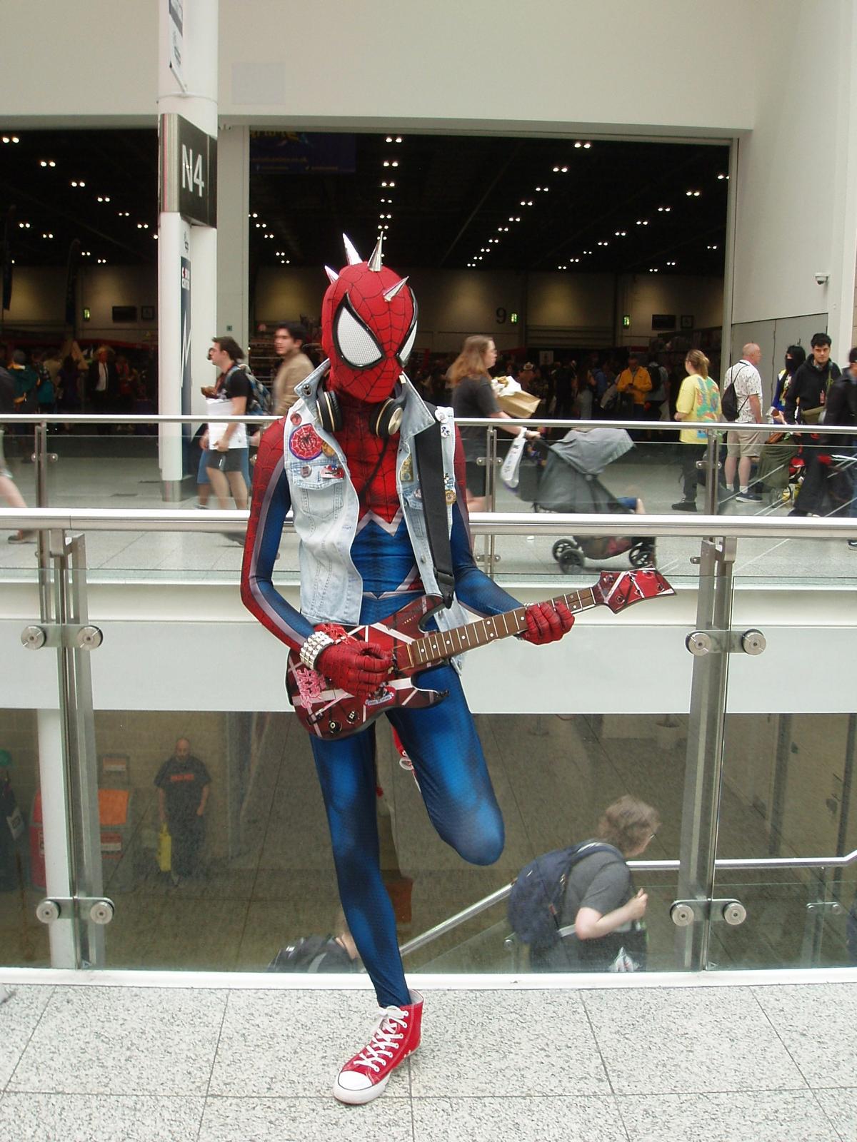 Spider-Man cosplay at a comic convention.