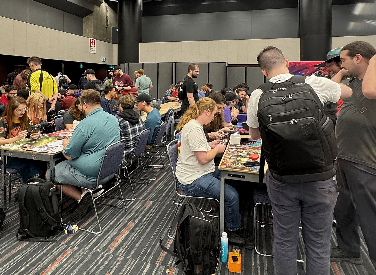 Trading-card play at the Flesh and Blood Super Slam premiere in Montreal in 2025.