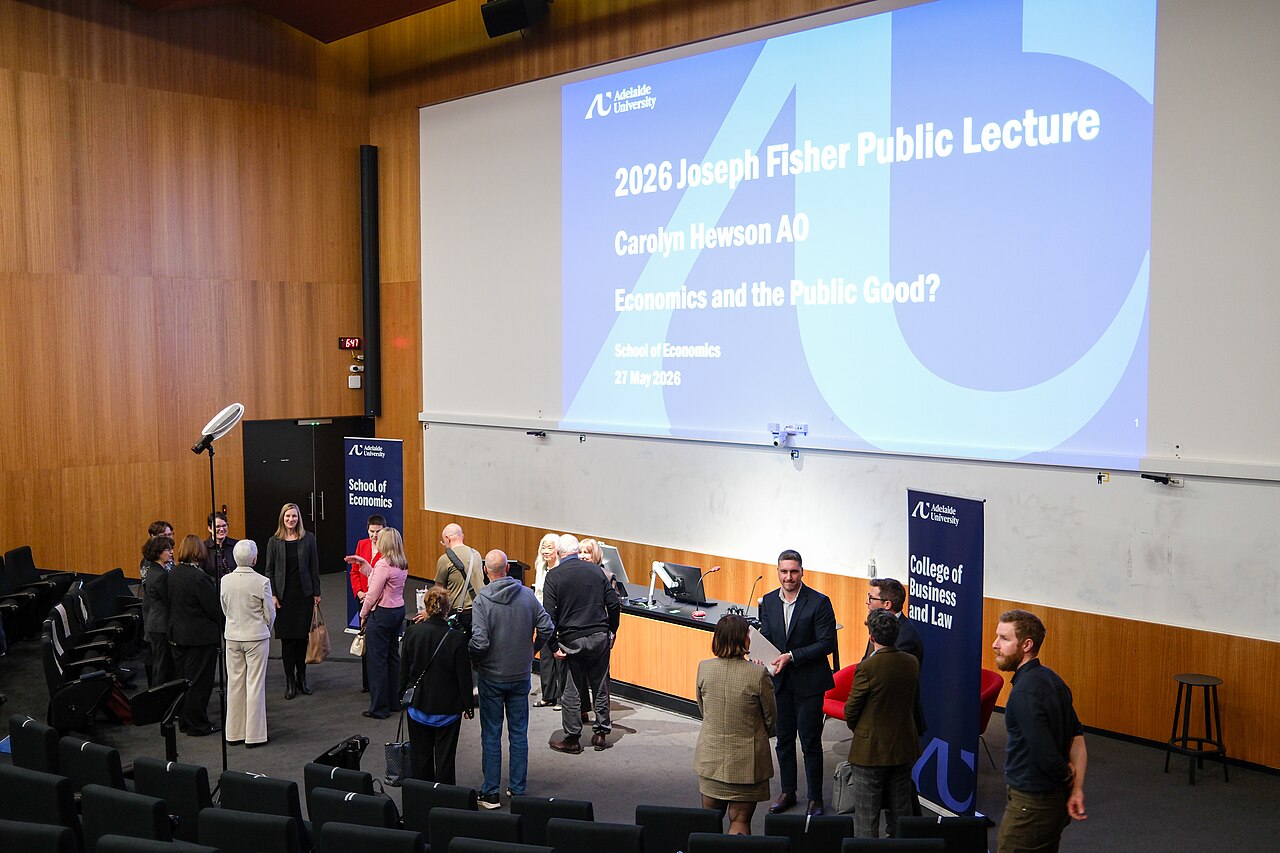 A public lecture gathering at Adelaide University in 2026.
